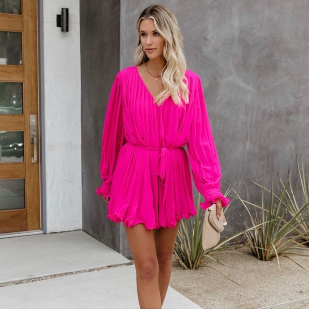 Vici Hot Pink Found Love Pleated Belted BarbieCore Romper